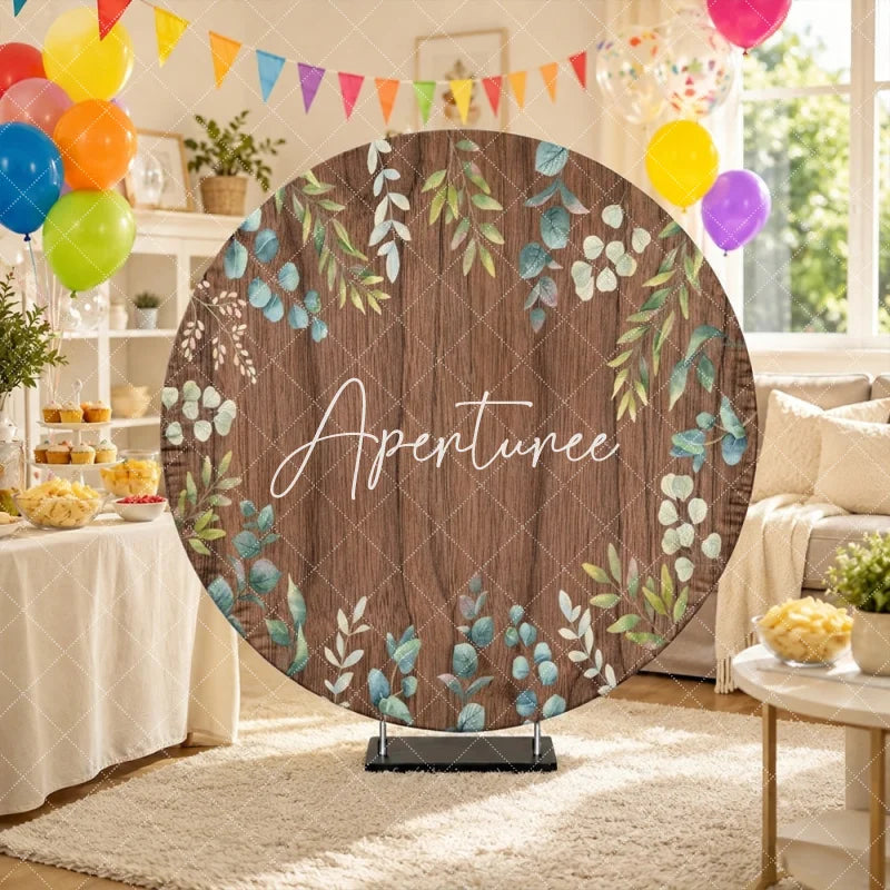 Aperturee - Aperturee Rustic Wooden Round Backdrop with Green Eucalyptus Leaves Elegant Natural Botanical Photo Booth Decor.