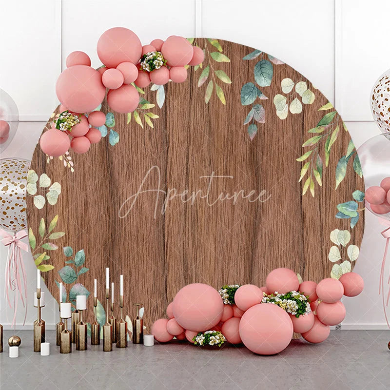 Aperturee - Aperturee Rustic Wooden Round Backdrop with Green Eucalyptus Leaves Elegant Natural Botanical Photo Booth Decor.