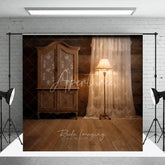Aperturee - Aperturee Rustic Wooden Wall and Floor Photography Backdrop Vintage Cabinet with Lace Curtain and Warm Lamp