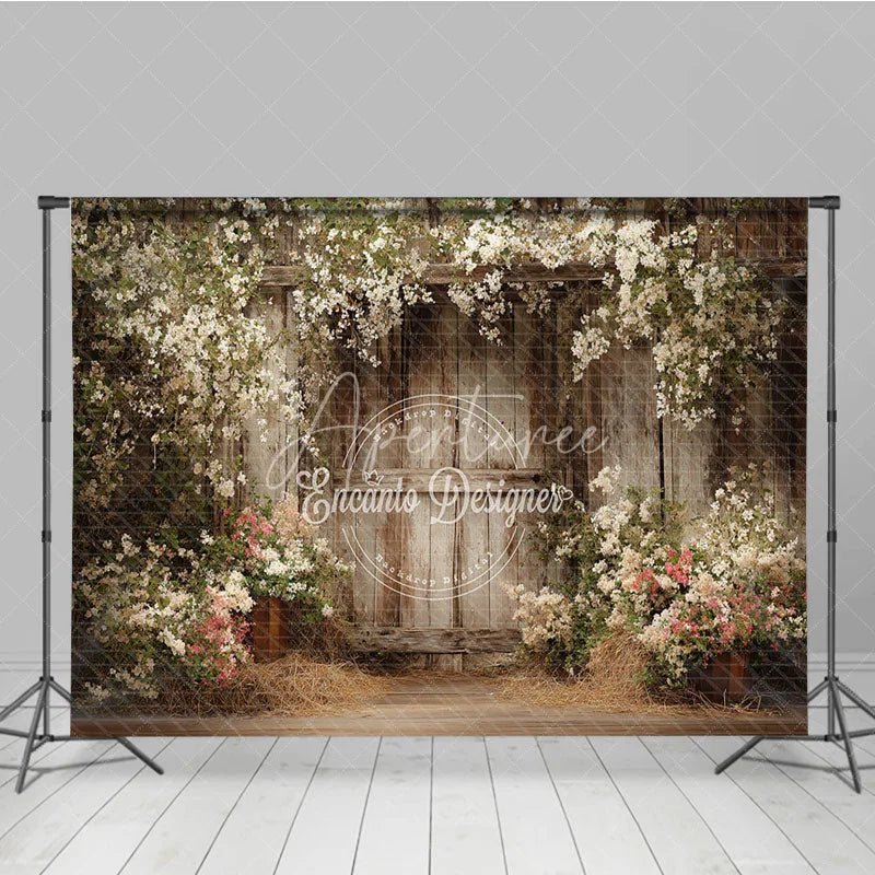 Aperturee - Aperturee Rustic Wooden Wall with White and Pink Flowers Photography Backdrop Spring Summer Floral Arch for Wedding Portrait