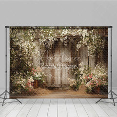 Aperturee - Aperturee Rustic Wooden Wall with White and Pink Flowers Photography Backdrop Spring Summer Floral Arch for Wedding Portrait
