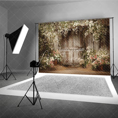 Aperturee - Aperturee Rustic Wooden Wall with White and Pink Flowers Photography Backdrop Spring Summer Floral Arch for Wedding Portrait