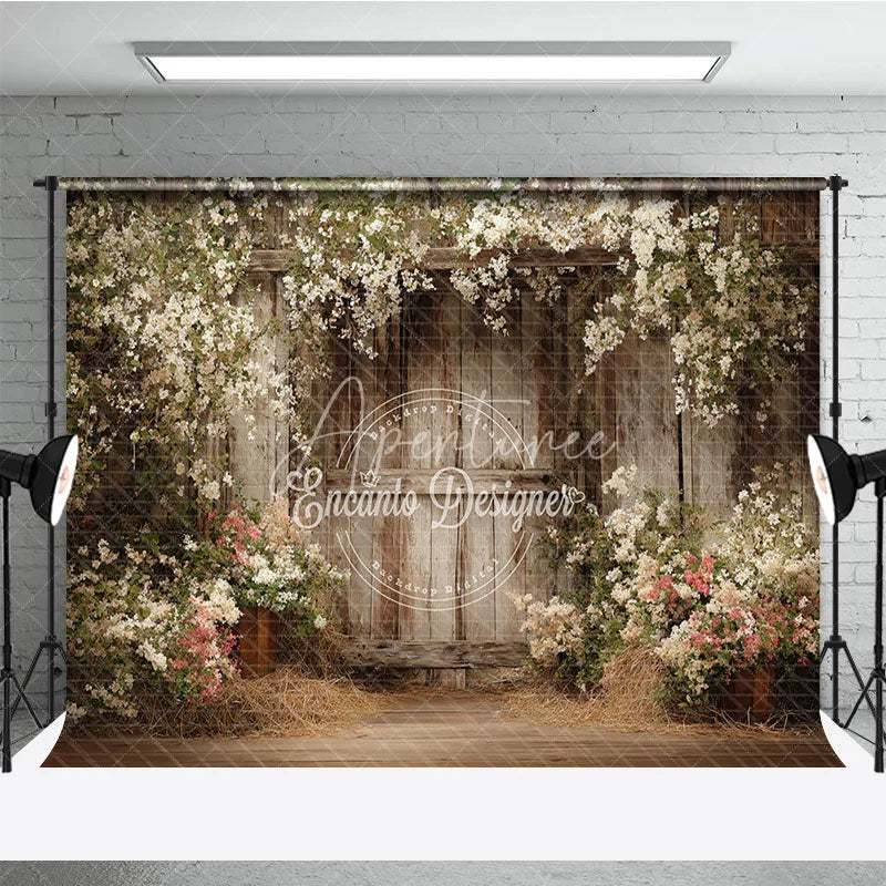 Aperturee - Aperturee Rustic Wooden Wall with White and Pink Flowers Photography Backdrop Spring Summer Floral Arch for Wedding Portrait