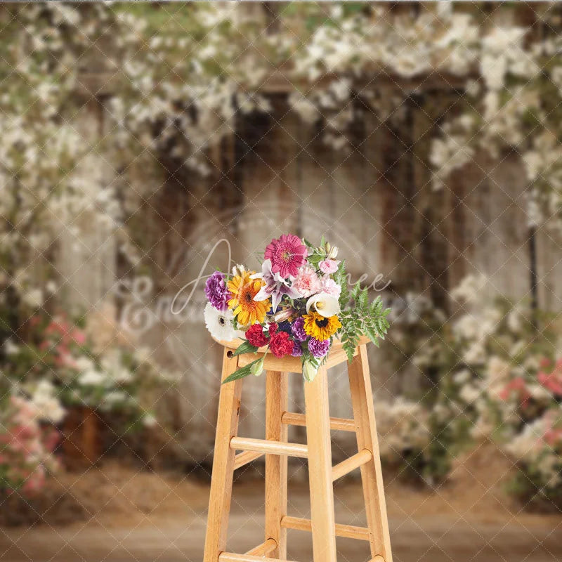 Aperturee - Aperturee Rustic Wooden Wall with White and Pink Flowers Photography Backdrop Spring Summer Floral Arch for Wedding Portrait
