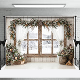 Aperturee - Aperturee Rustic Wooden Window Holiday Backdrop Snowy Winter Scene with Frosted Pine Garland and Warm Lights Decor