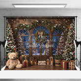 Aperturee - Aperturee Rustic Wooden Window Holiday Backdrop with Snowy Christmas Trees Festive Garland and Cozy Winter Gifts