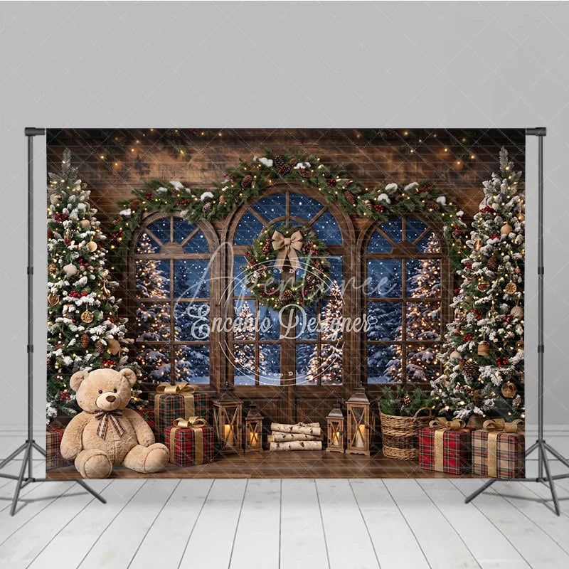 Aperturee - Aperturee Rustic Wooden Window Holiday Backdrop with Snowy Christmas Trees Festive Garland and Cozy Winter Gifts