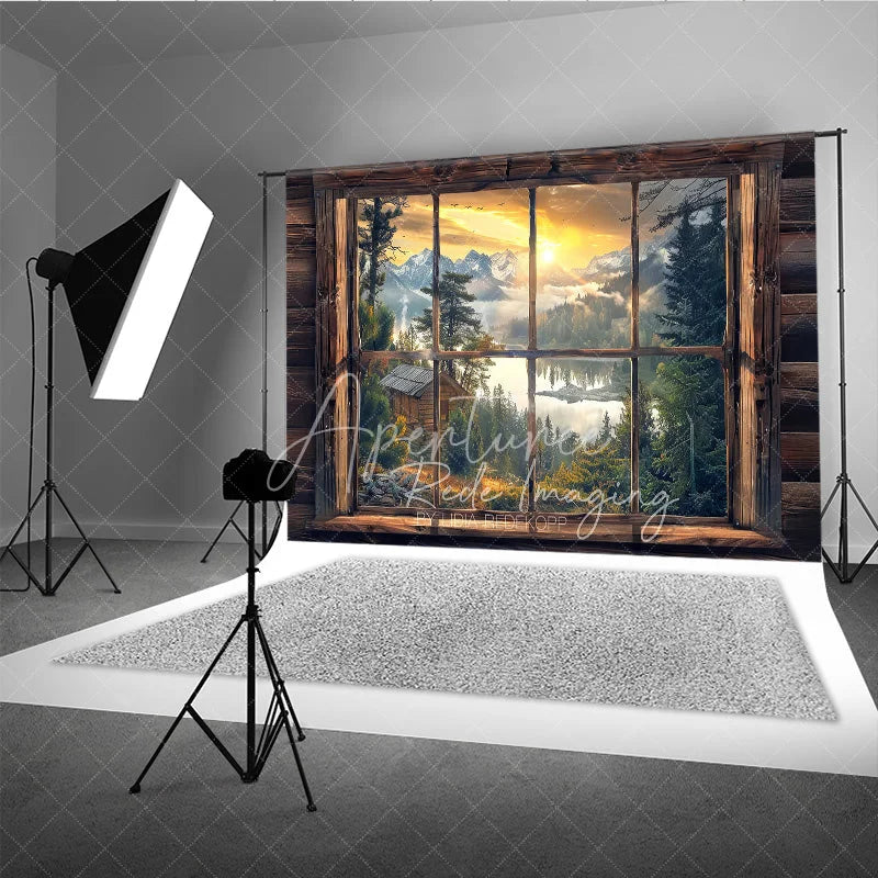 Aperturee - Aperturee Rustic Wooden Window View Photography Backdrop Sunrise Lake and Mountains Studio Background