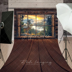 Aperturee - Aperturee Rustic Wooden Window View Photography Backdrop Sunrise Lake Mountains Sweep Portrait Studio Background