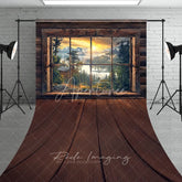 Aperturee - Aperturee Rustic Wooden Window View Photography Backdrop Sunrise Lake Mountains Sweep Portrait Studio Background