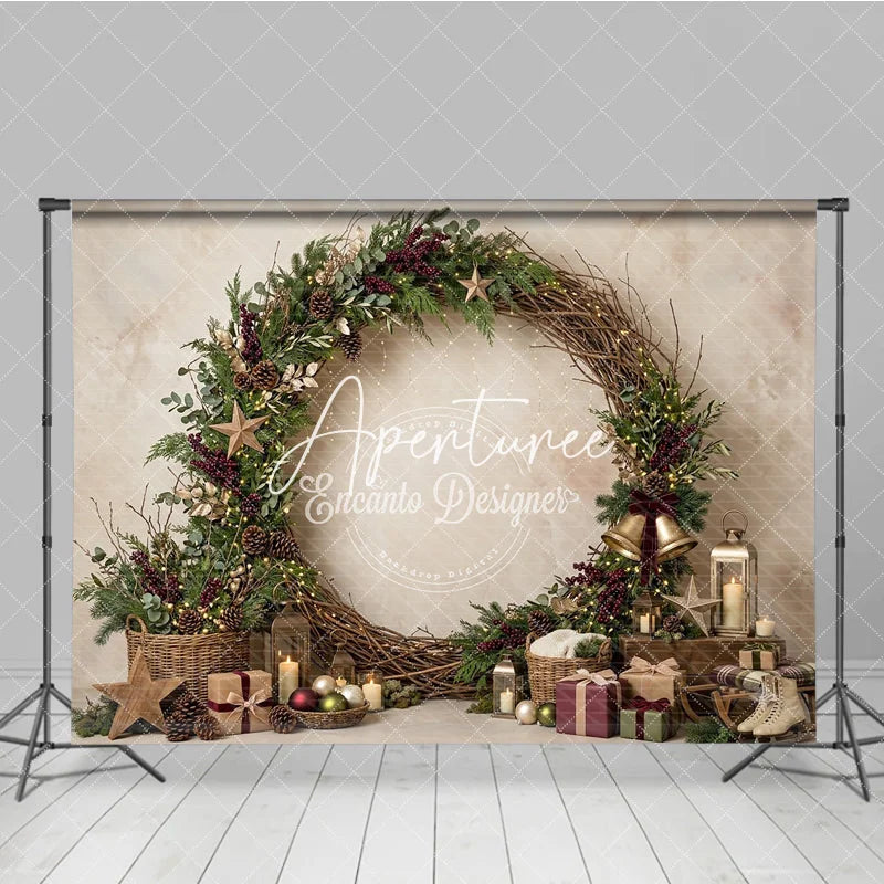 Aperturee - Aperturee Rustic Wooden Wreath Holiday Backdrop with Evergreen Berries Pinecones and String Lights Festive Christmas Decor