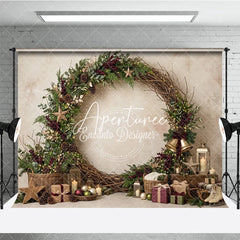 Aperturee - Aperturee Rustic Wooden Wreath Holiday Backdrop with Evergreen Berries Pinecones and String Lights Festive Christmas Decor