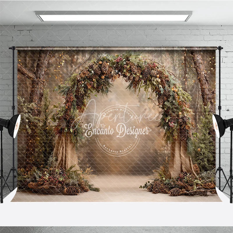 Aperturee - Aperturee Rustic Woodland Arch Backdrop Pinecone and Burlap Decor Enchanted Forest Wedding Photography Props