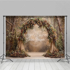 Aperturee - Aperturee Rustic Woodland Arch Backdrop Pinecone and Burlap Decor Enchanted Forest Wedding Photography Props