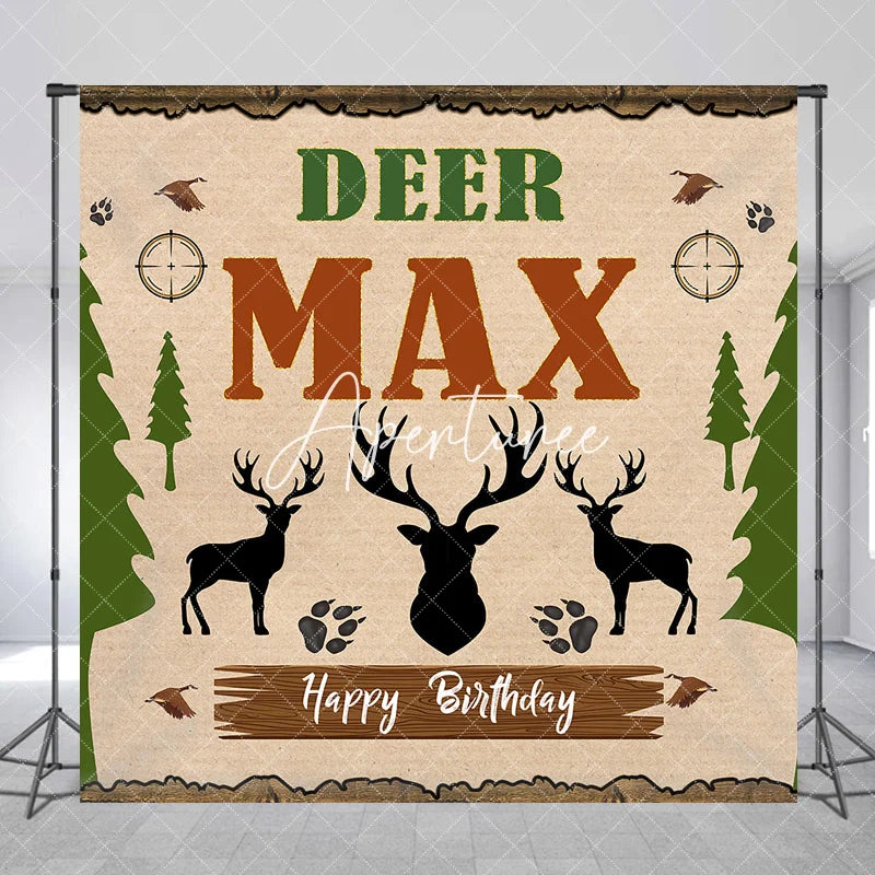 Aperturee - Aperturee Rustic Woodland Deer Hunting Theme Custom Birthday Backdrop Personalized with Name for Party
