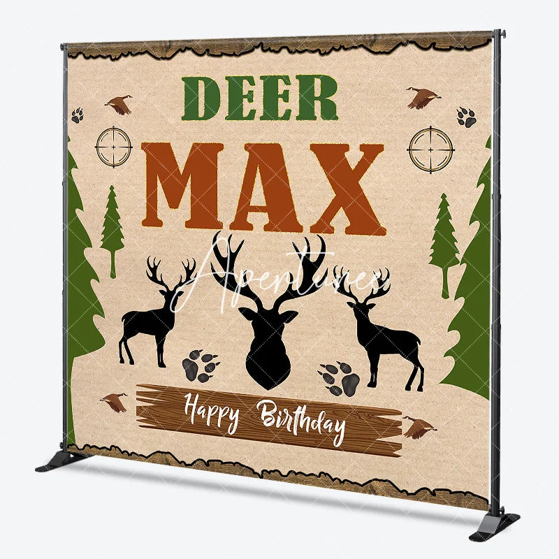 Aperturee - Aperturee Rustic Woodland Deer Hunting Theme Custom Birthday Backdrop Personalized with Name for Party