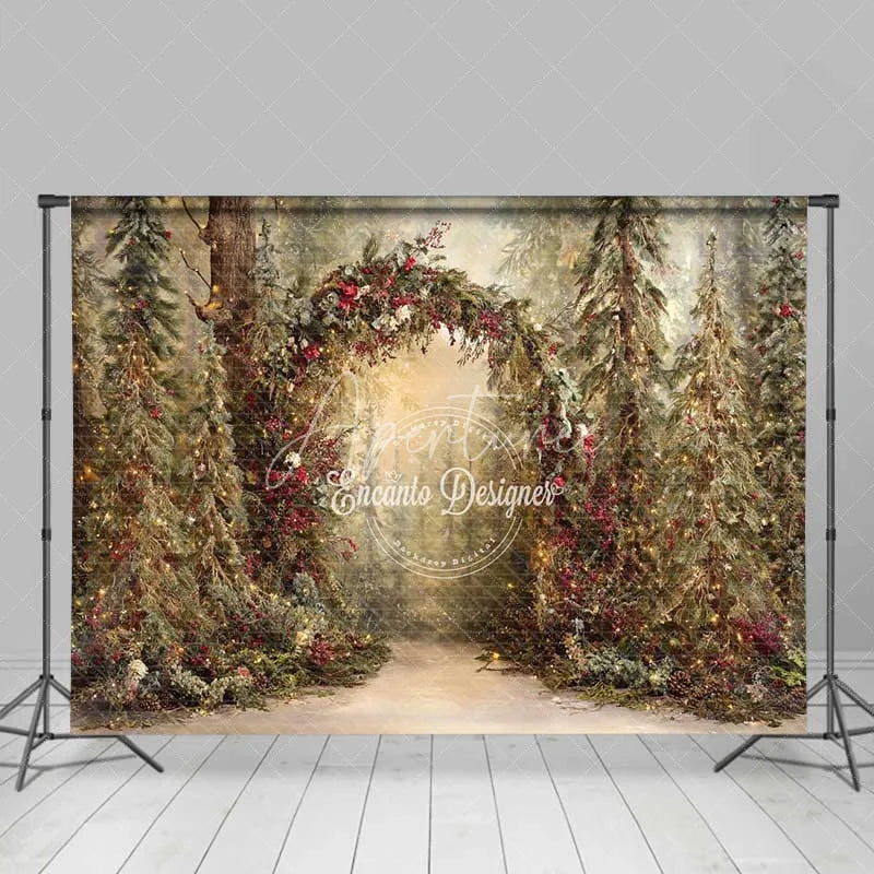 Aperturee - Aperturee Rustic Woodland Forest Arch Backdrop Red Berry Sunlit Pine Tree Photography Background