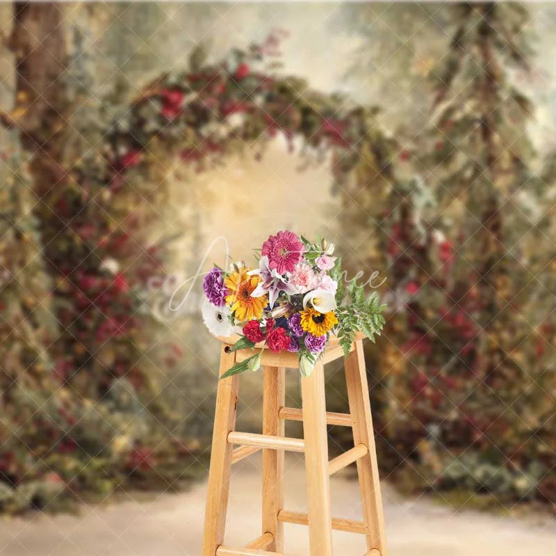 Aperturee - Aperturee Rustic Woodland Forest Arch Backdrop Red Berry Sunlit Pine Tree Photography Background