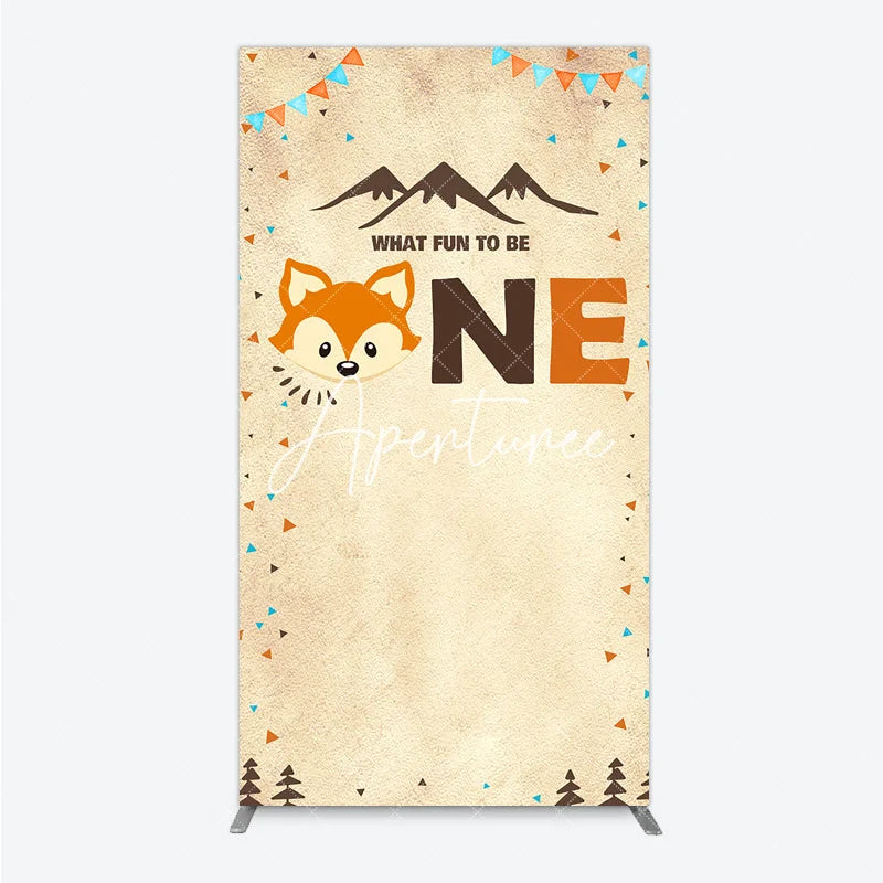 Aperturee - Aperturee Rustic Woodland Fox First Birthday Rectangle Arch Backdrop What Fun To Be One Party Decoration