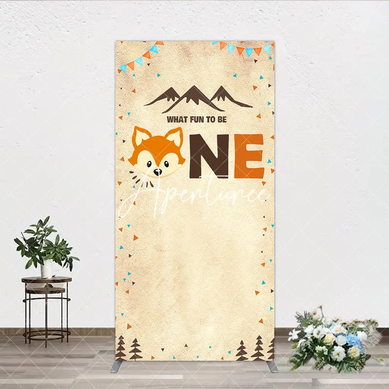 Aperturee - Aperturee Rustic Woodland Fox First Birthday Rectangle Arch Backdrop What Fun To Be One Party Decoration