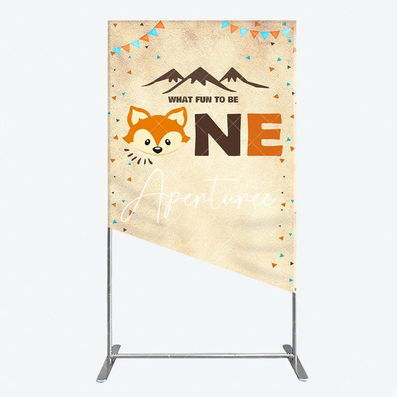 Aperturee - Aperturee Rustic Woodland Fox First Birthday Rectangle Arch Backdrop What Fun To Be One Party Decoration