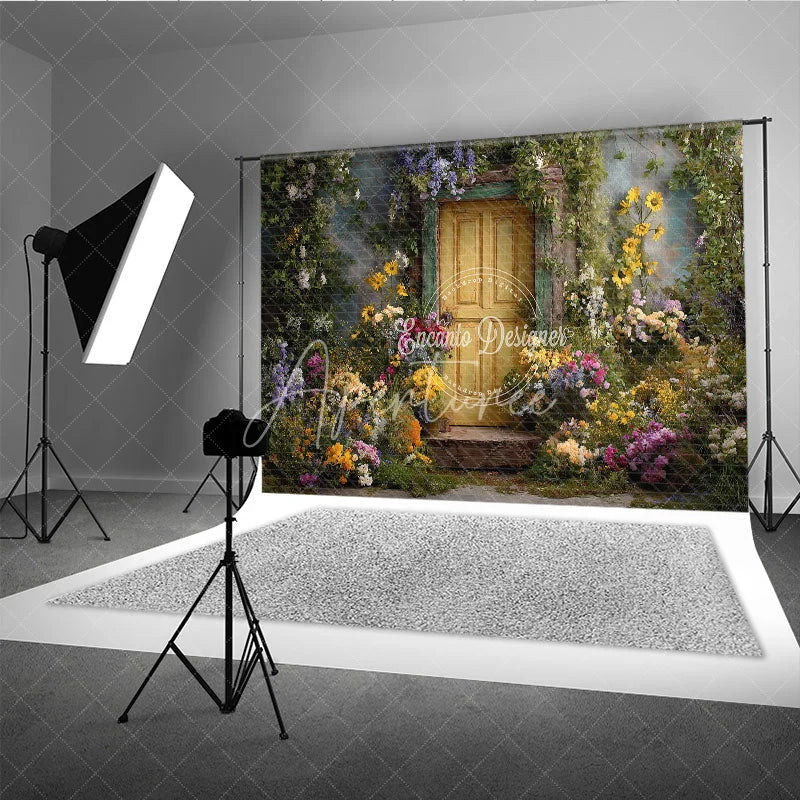 Aperturee - Aperturee Rustic Yellow Door Photography Backdrop with Vibrant Floral and Lush Greenery Enchanted Garden Scene
