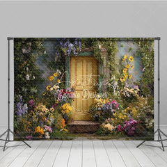 Aperturee - Aperturee Rustic Yellow Door Photography Backdrop with Vibrant Floral and Lush Greenery Enchanted Garden Scene