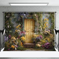 Aperturee - Aperturee Rustic Yellow Door Photography Backdrop with Vibrant Floral and Lush Greenery Enchanted Garden Scene