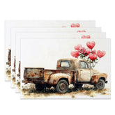 Aperturee - Aperturee Rusty Beige Truck Heart Balloon Set of 4 Placemats Vintage Rose Valentine Decoration Farmhouse Love Table Mat