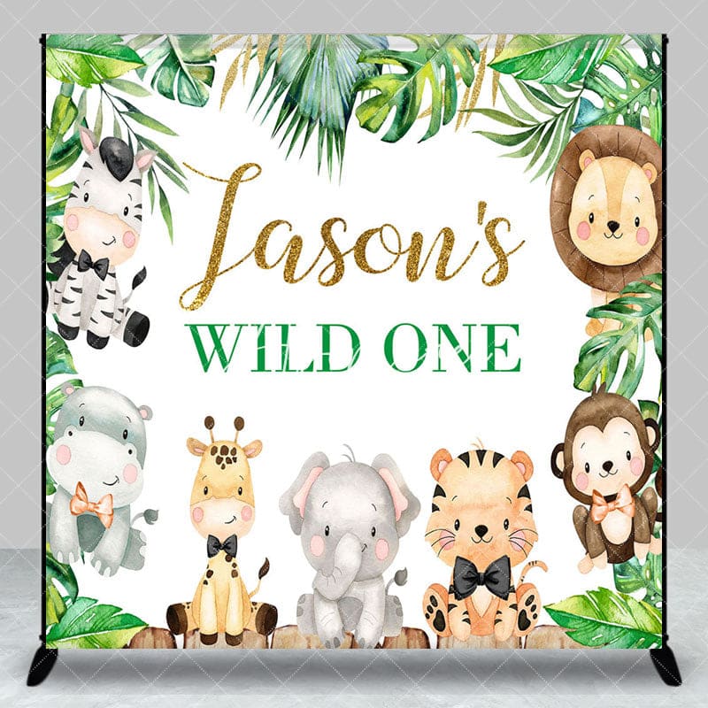 Aperturee - Aperturee Safari Animals Wild One Custom Name Birthday Backdrop