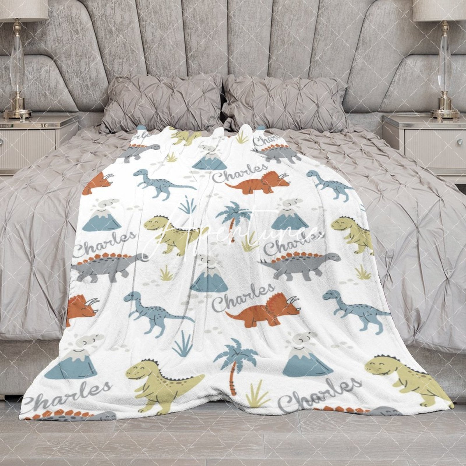 Aperturee - Aperturee Safari Dinosaurs Trees White Custom Name Blanket