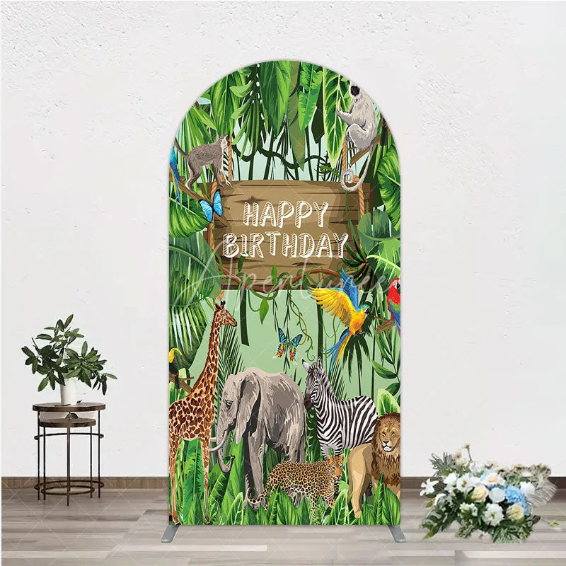 Aperturee - Aperturee Safari Happy Birthday Arch Backdrop Wild Jungle Animals Theme Tropical Party Decor for Kids Photo Booth