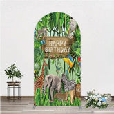 Aperturee - Aperturee Safari Happy Birthday Arch Backdrop Wild Jungle Animals Theme Tropical Party Decor for Kids Photo Booth