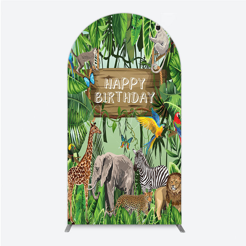 Aperturee - Aperturee Safari Happy Birthday Arch Backdrop Wild Jungle Animals Theme Tropical Party Decor for Kids Photo Booth