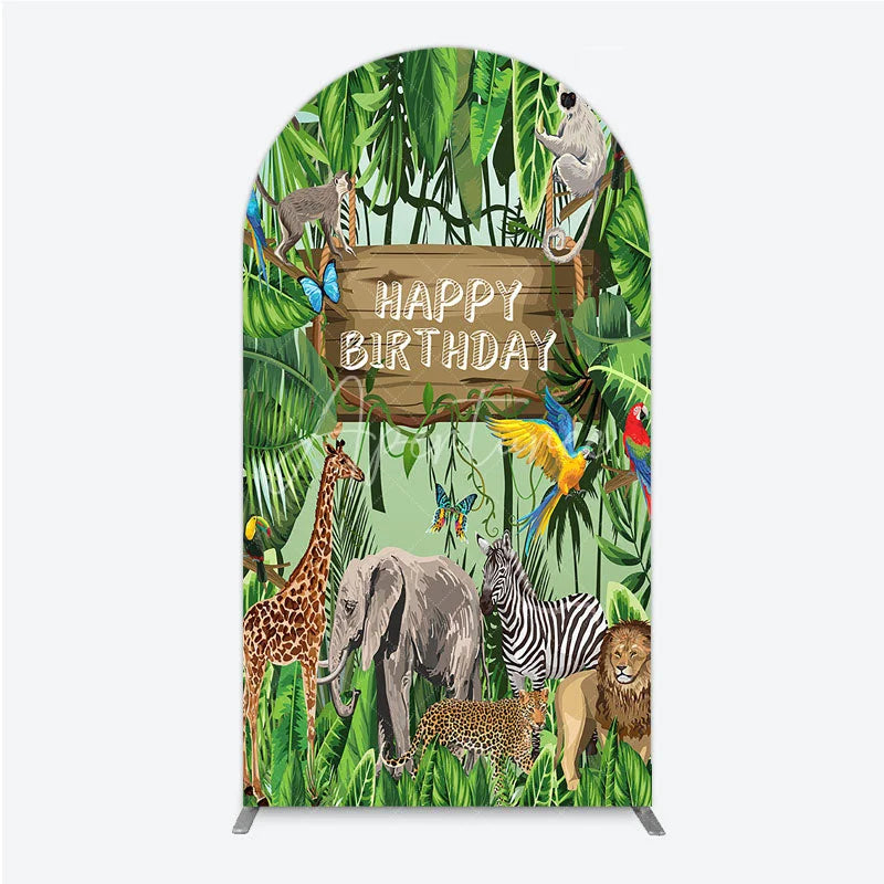 Aperturee - Aperturee Safari Happy Birthday Arch Backdrop Wild Jungle Animals Theme Tropical Party Decor for Kids Photo Booth
