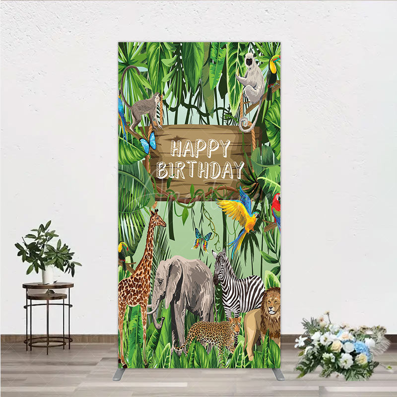 Aperturee - Aperturee Safari Happy Birthday Rectangle Backdrop Wild Jungle Animals Theme Tropical Party Decor for Kids Photo Booth