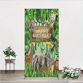 Aperturee - Aperturee Safari Happy Birthday Rectangle Backdrop Wild Jungle Animals Theme Tropical Party Decor for Kids Photo Booth