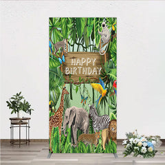 Aperturee - Aperturee Safari Happy Birthday Rectangle Backdrop Wild Jungle Animals Theme Tropical Party Decor for Kids Photo Booth