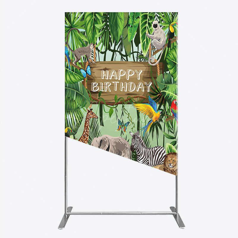 Aperturee - Aperturee Safari Happy Birthday Rectangle Backdrop Wild Jungle Animals Theme Tropical Party Decor for Kids Photo Booth