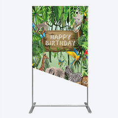 Aperturee - Aperturee Safari Happy Birthday Rectangle Backdrop Wild Jungle Animals Theme Tropical Party Decor for Kids Photo Booth