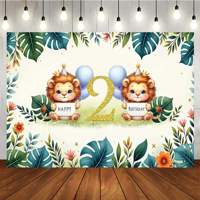 Aperturee - Aperturee Safari Lion Second Birthday Backdrop Two Wild Jungle Animals Party Banner Green Tropical Leaves Photo Prop Decor