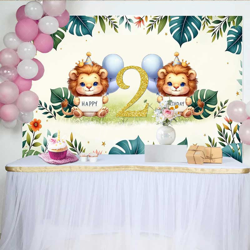 Aperturee - Aperturee Safari Lion Second Birthday Backdrop Two Wild Jungle Animals Party Banner Green Tropical Leaves Photo Prop Decor