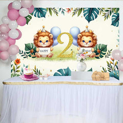 Aperturee - Aperturee Safari Lion Second Birthday Backdrop Two Wild Jungle Animals Party Banner Green Tropical Leaves Photo Prop Decor