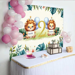 Aperturee - Aperturee Safari Lion Second Birthday Backdrop Two Wild Jungle Animals Party Banner Green Tropical Leaves Photo Prop Decor