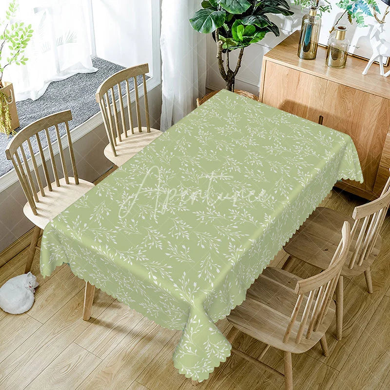 Aperturee - Aperturee Sage Green Botanical Branch Rectangle Tablecloth Simple Farmhouse Style with White Leaves Kitchen Dining Decor