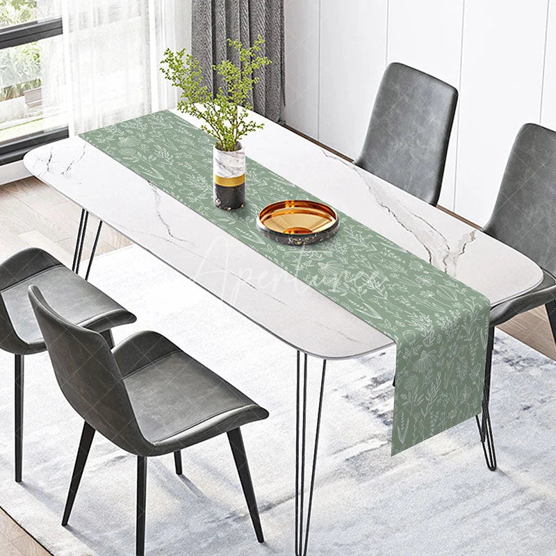 Aperturee - Aperturee Sage Green Botanical Table Runner with White Leaf Print Modern Farmhouse Style for Kitchen Dining Decor