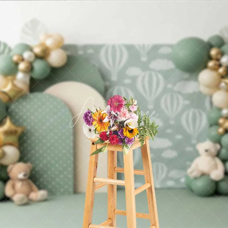 Aperturee - Aperturee Sage Green Hot Air Balloon Photography Backdrop Teddy Bear and Star Party Banner