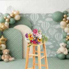 Aperturee - Aperturee Sage Green Hot Air Balloon Photography Backdrop Teddy Bear and Star Party Banner