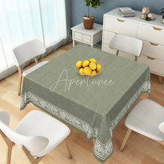 Aperturee - Aperturee Sage Green Rectangle Tablecloth with White Floral Leaf Border Elegant Dining Kitchen Decor