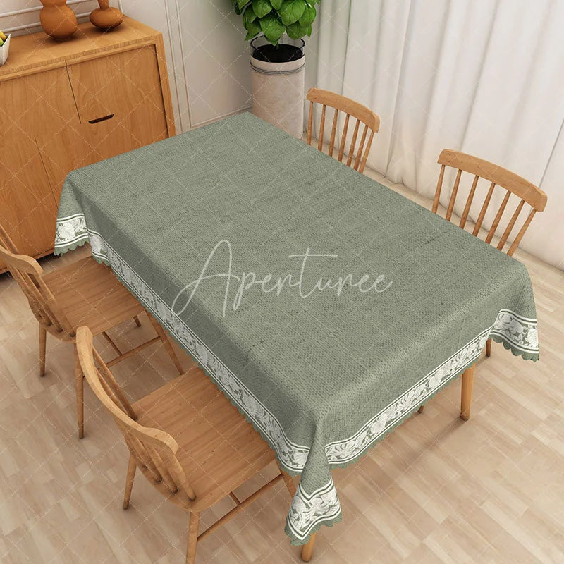 Aperturee - Aperturee Sage Green Rustic Texture Floral Border Rectangle Tablecloth Elegant Dining Decor Washable Kitchen Table Cover